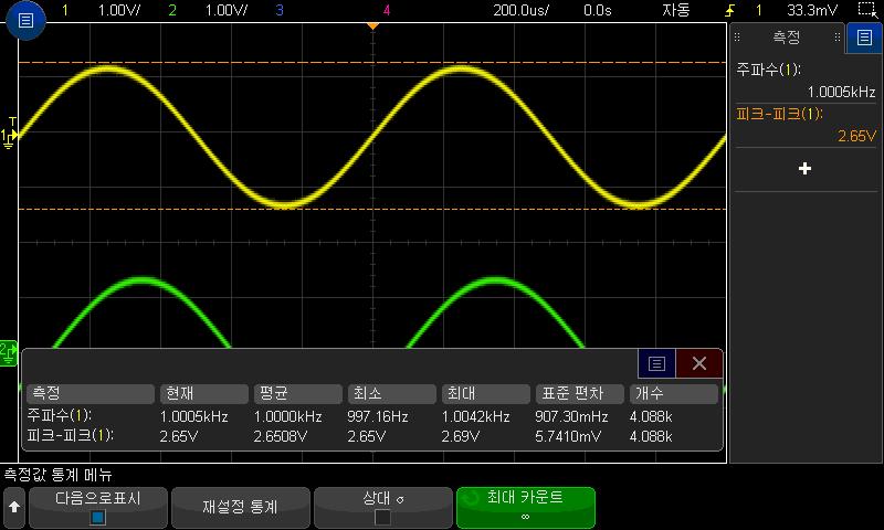 측정 15 3 측정메뉴에서통계소프트키를눌러통계메뉴를엽니다. 4 디스플레이켜기소프트키를눌러서측정값통계를표시합니다. 측정의소스채널은측정값이름다음에괄호로표시됩니다. 예 : " 주파수 (1)" 은채널 1 에대한주파수측정값을나타냅니다. 측정값이름, 현재측정된값, 평균, 최소측정값, 최대측정값, 표준편차및측정이실행된횟수 ( 카운트 ) 등의통계가표시됩니다.