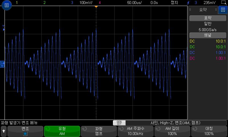 파형발생기 18 1 유형소프트키를누른다음엔트리노브를돌려진폭변조 (AM) 를선택합니다. 2 파형소프트키를누른다음엔트리노브를돌려변조신호의형태를선택합니다. 사인 사각 램프 램프형태를선택하면램프파형이상승하는사이클당시간을지정할수있도록대칭소프트키가나타납니다. 3 AM 주파수소프트키를누른다음엔트리노브를돌려변조신호의주파수를지정합니다.