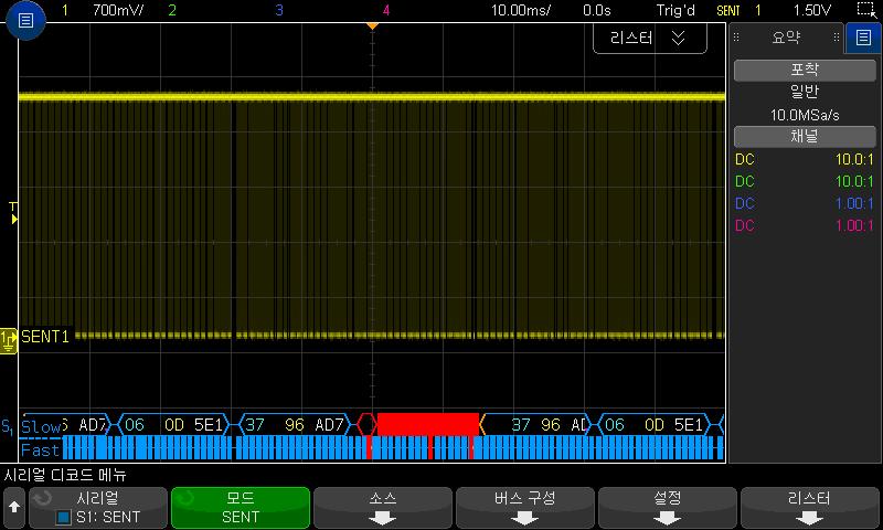 30 SENT 트리거링및시리얼디코드 저속채널 강화직렬메시지 : CRC( 유효할경우파란색, 메시지끝부분이화면에표시되지않는경우주황색, 오류감지시빨간색 )(6 비트 ) 메시지 ID( 노란색 )(4 비트또는 8 비트 ) 데이터필드 ( 흰색 )(16 비트또는 12 비트 ) CRC 를계산할데이터가화면에서오른쪽으로벗어난경우, 강화직렬메시지 CRC 가주황색으로표시됩니다.