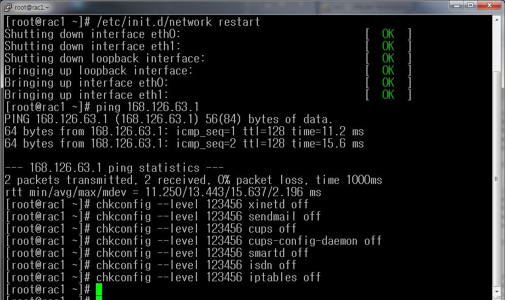 Rac 1 node 설정 네트워크설정후재시작 네트워크설정후재시작 # /etc/init.d/network restart Ping Test Ping Test # ping 168.126.63.