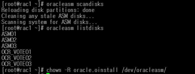 2 node 세팅 생성리스트확인 # oracleasm listdisks