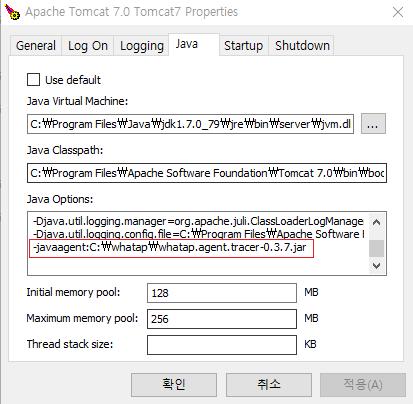 Tomcat on Windows Service Windows 계열 OS 에 binary 로설치하여 SYSTEM 계정으로실행한경우, javaagent 방식으로 Tomcat