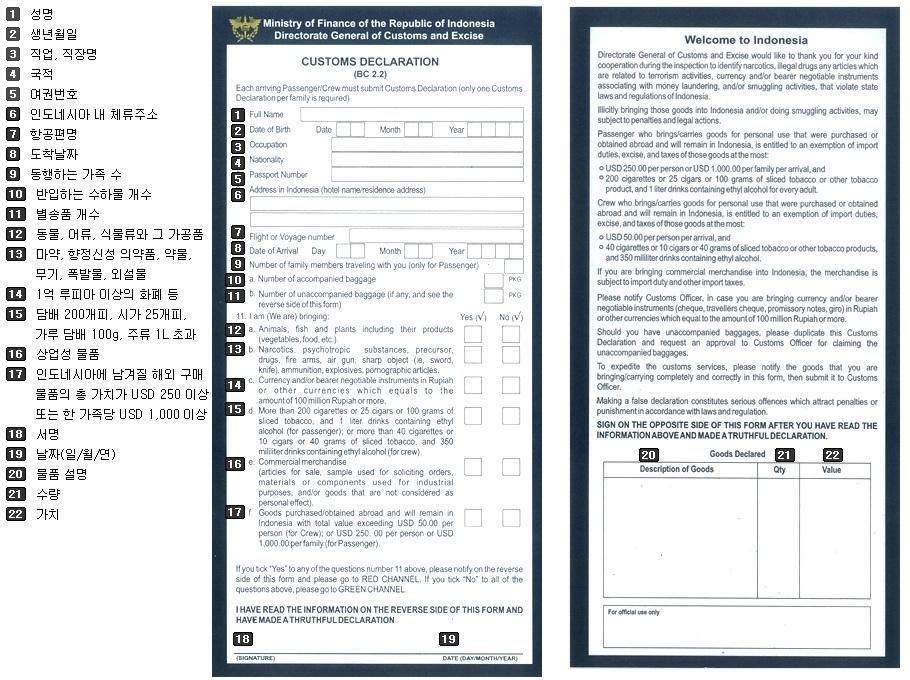 인도네시아에입국할때는예방접종증명서는필요하지않다. 단, 인도네시아도착전 6일이내에콜레라오염지구를통과한경우예방접종증명서을요구하므로제시해야한다. 입국시세관신고서에검역이필요한동식물과음식그리고비디오와카메라등고가제품은내역을기재해야하나, 자진신고를하지않는데에대한불이익은별로없으나발각될경우패널티가부과될예정으로적절한대처가필요하다. 통상적으로는기재하지않는다.