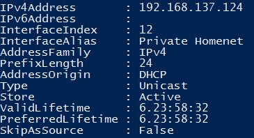 PowerShell 창에서, Get-NetIPAddress 명령어를수행하여, CLIENT1 컴퓨터의 IP 구성사항을확인합니다. CLIENT1 컴퓨터는 Private Homenet 인터페이스에 192.168.137 로시작하는사설 IPv4 주소를할당받습니다.