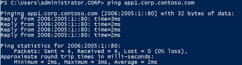 PowerShell 프롬프트에서, ping inet1.isp.example.com 를입력하고 ENTER 키를누른후, 정상적으로이름풀이및연결이성공임을검증합니다. 정상적으로 131.107.0.1 주소가확인됨을 알수있습니다. 이제 ping app1.corp.contoso.