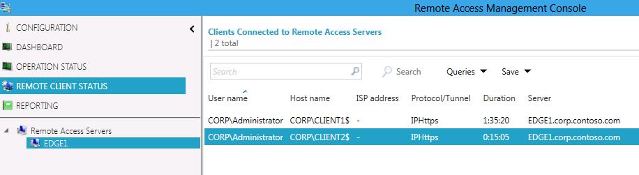 또한, EDGE1.CORP.CONTOS.com (DirectAccess Server) 서버의 Remote Client Status 를확인해 보면아래와같이 CLIENT2.CORP.CONTOSO.