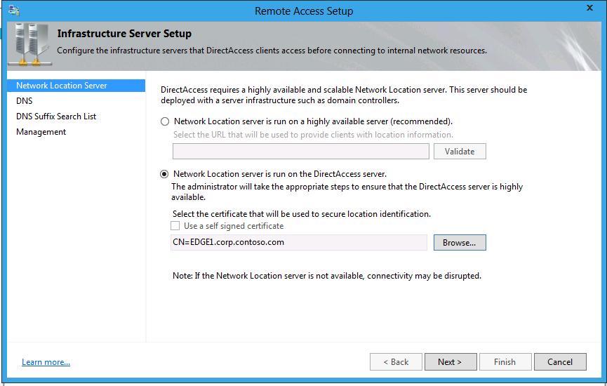 이제 NLS 옵션을 Network Location server is run on a highly available server (recommended) 로변경하고, https://nls.corp.contoso.