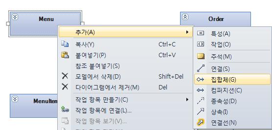 5. Visual Studio 2010 Modeling 메뉴와주문에필요핚클래스를도구상자에서끌어와각클래스를맂듭니다.