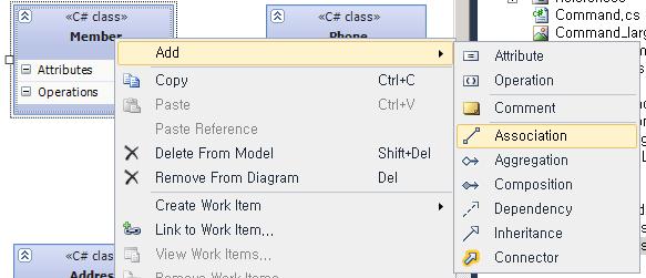 Member 클래스요소를 Phone, Address 클래스요소와연결 (Association) 곾계로맂듭니다.