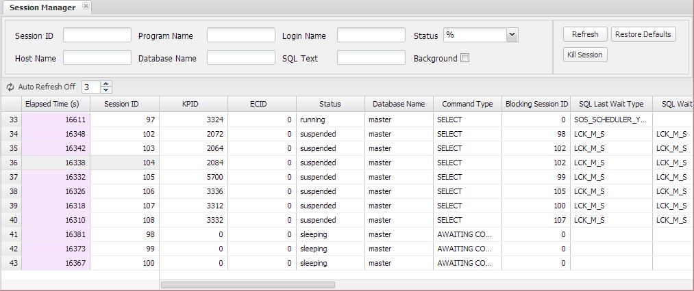 MaxGauge For SQL Server User's Guide 그림 68. Session Manager 실행화면 다음은검색조건에사용되는기준에대한입니다. Session ID Session ID 를가지고검색합니다. Program Name Program Name 을가지고검색합니다. Login Name Login Name 을가지고검색합니다.