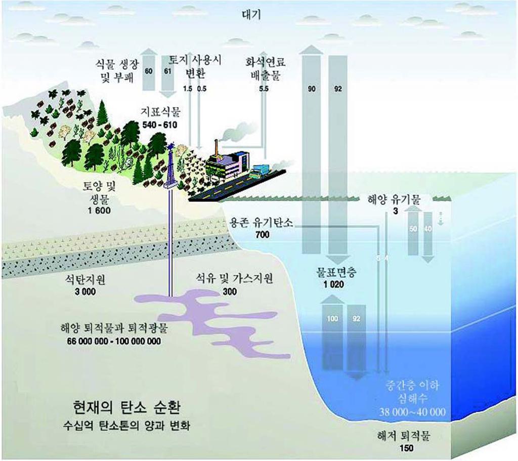 기후변화방지를위한 CO 2 지중저장의필요성 - 대표적으로해양퇴적물과퇴적광물에 66,000,000 ~ 100,000,000 billion 탄소톤, 화석연료 ( 석탄, 석유, 천연가스등 ) 에 3,300 billion 탄소톤, 토양및유기물에 1,600 billion 탄소톤, 지표식물에 540 ~ 610 billion 탄소톤, 대기에 750 billion