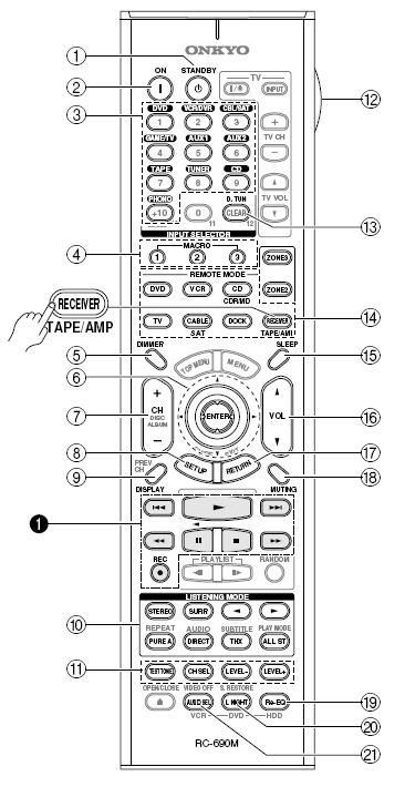 리모컨 리모컨모드에대하여 RECEIVER/TAPE 모드 AV 리시버를컨트롤하는것은물론리모컨을사용하여다른 AV 기기를컨트롤할수있습니다. 본리모컨은기기의각타입에따라서특정한모드로동작을합니다. REMOTE MODE 버튼을눌러원하는모드를선택할수있습니다.