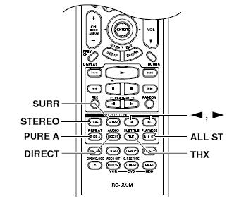 AV 리시버에서선택하기 [SURR] 버튼이버튼은 Dolby Digital 및 DTS 리스닝모드를선택하는데사용합니다. LISTENING MODE[ ] / [ ] 버튼이버튼을눌러현재선택된입력소스에해당하는전체리스닝모드를순서대로선택할수있습니다. [PURE AUDIO] 버튼이버튼을선택하면순수한오디오리스닝모드가적용됩니다.