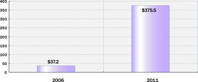 미들웨어및소프트웨어분야 소프트웨어분야는업종별시장비율이 8% 를지속적으로유지 연평균시장성장률은 20% 로높게예측됨 국내시장의경우에도시장비율이꾸준한성장세를보임 2003년에 1%, 2004년에 3%, 2005년에 5% 성장 세계적으로 2007년의 RFID 미들웨어시장은 2006년에비해 50% 이상성장할것으로전망됨 ([ 그림 16] 참조 )