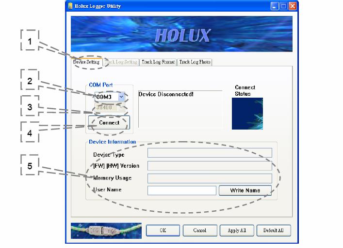 기기설정 (Device Setting) 1. 페이지 : 기기설정페이지 2. COM PORT: COM PORT 선택 3. BAUD RATE: BAUD RATE 선택 ( 기본설정 : 38400) 4.