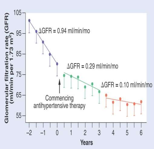 고혈압조젃이싞장기능 (GFR) 의감소와단백뇨에미치는영향 (T1D) Parving, BMJ.