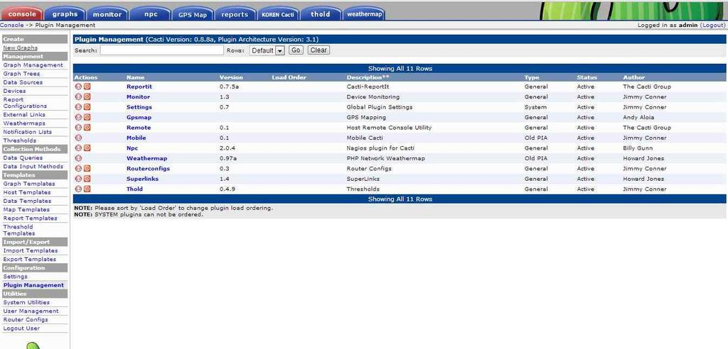 A4.3.2 Utilizing Cacti PlugIn Plugin Management: Plugin 을선택하여추가 / 삭제, 사용 / 미사용이가능하다.