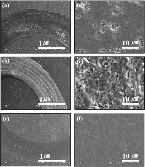 SEM micrographs of the worn disc surfaces of (a) SiC, (b) DLC, and (c) CDC wear tracks with a Si 3 N 4 ball, and corresponding magnified images (d) ~ (f). Fig. 8.