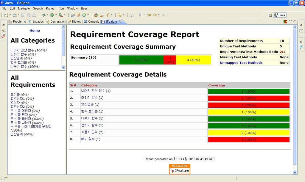 JFeature Report 생성 Categories 별분류 전체 Coverage Report Requirements 별분류