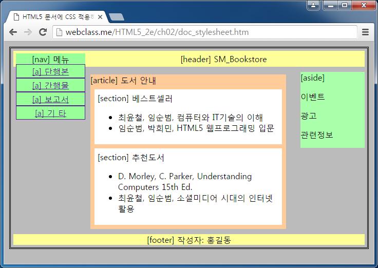 예제 : 문서에 CSS 적용하기 <head> <title> HTML5 문서에 CSS 적용하기 </title> <style> body { background-color:#bbbbbb; border:double; margin:10px; } header { background-color:#ffff99; text-align:center; margin:5px;