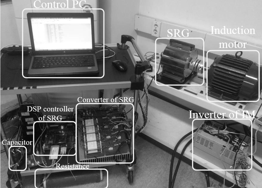 그림 4.10 SRG 구동을위한실험세트. Fig. 4.10 Experimental setup of SRG drive. 4.1.4 실험결과 그림 4.10은제안하는 TSF 알고리즘을확인하기위한실험세트이며, 3장에서사용한동일한실험세트를사용하였다. 실험조건은시뮬레이션의조건과모두동일하게설정하여수행하였다.