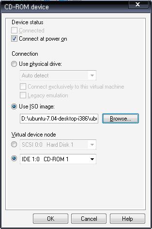 그림 18. VM CD-ROM 설정 Use ISO image 를선택하여 Ubuntu 사이트에서다운받은이미지파일을선택한다.