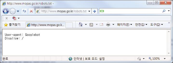 홈페이지개인정보노출방지가이드라인 나. 로봇배제표준적용유무확인방법 1) 홈페이지에적용된 robots.txt 파일과 URL 확인홈페이지에 robots.txt를적용한이후에적용된 robots.txt 파일이잘적용되었는지여부를파악하기위해직접 URL( 홈페이지 URL/robots.txt) 을통해점검을해봅니다. 2) Robots.
