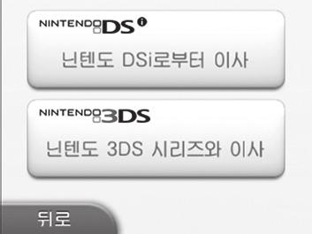 DSi 본체 이사 New 3DS XL 본체 New 3DS XL 본체에서 DSi 본체로는이사할수없습니다. DSi 본체에서 New 3DS XL 본체로일단이사를 하면다시돌려보낼수없으므로주의해주십시오. 이사할수있는데이터 Wi-Fi 유저정보 사진 / 음성데이터 인터넷접속설정과 Wi Fi 커넥션 ID를이사할수있습니다.