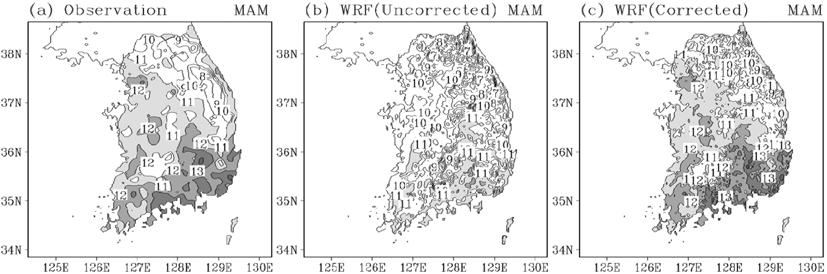 4 Korean Journal of Agricultural and Forest Meteorology, Vol. 12, No. 1 Fig. 1. Distribution of averaged seven years(2002-2008) by (a) observed, (b) uncorrected and (c) corrected surface air temperature (unit: o C).