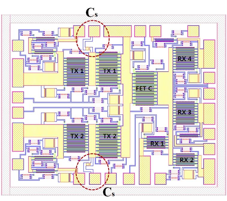 phemt 공정을 이용한 저손실, 고전력 4중 대역용 SP6T 스위치 칩의 설계 및 제작 (a) 삽입 손실 (a) Insertion loss 그림 12. SP6T 스위치 칩의 레이아웃 Fig. 12. The SP6T switch chip layout. 므로 모든 레이아웃은 동일하다.