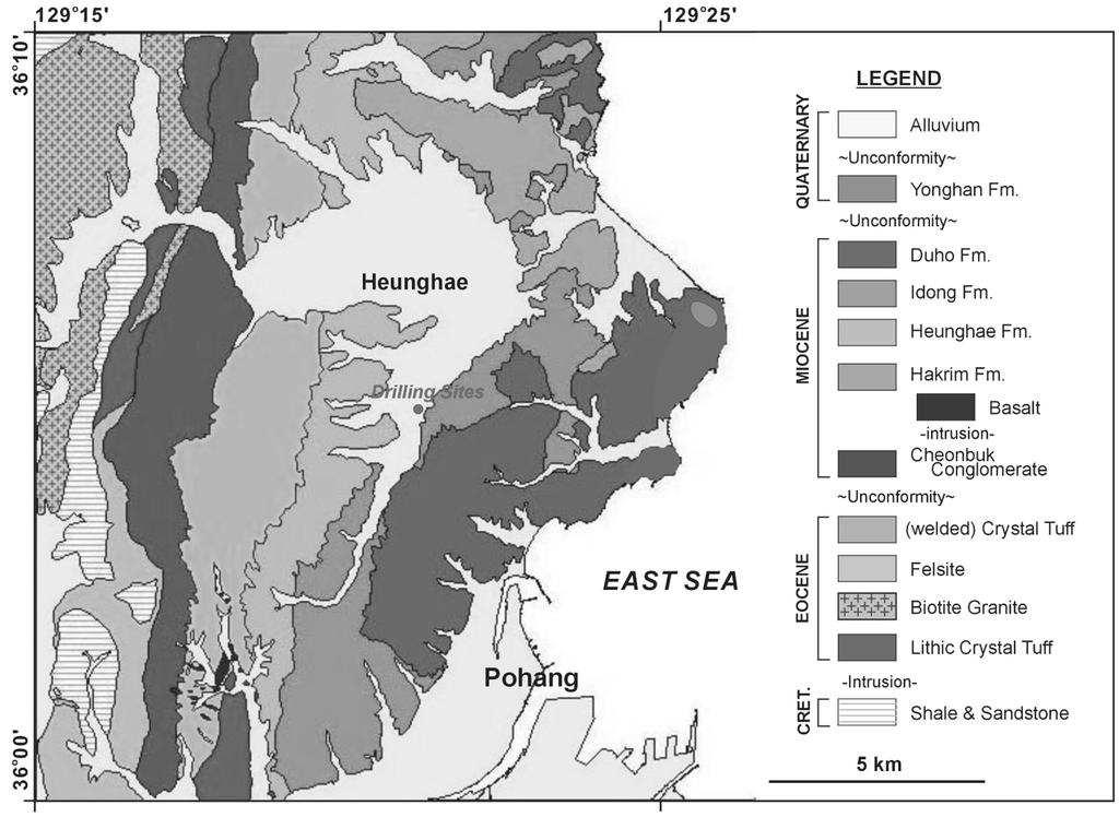 포항 심부 지열 시추공에 대한 물리검층 자료해석 Fig. 1. 2004). Geological map (1:50,000) of Pohang area (Song 333.