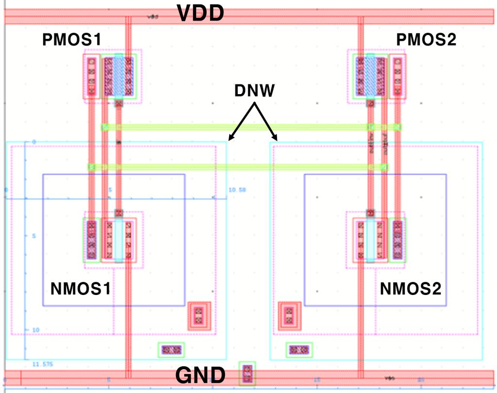 범용 CMOS 공정을 사용한 DTMOS 슈미트 트리거 로직의 구현을 통한 EM Immunity 향상 검증 Section II에서는 deep N-well을 이용한 DTMOS 슈미트 트리거의 구조에 대해서 설명하고 있으며, 각 게이트들의