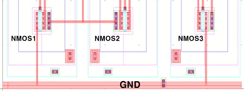 칩 제작을 위한 레이아웃 구조는 그림 2와 같으며, 상단에는 PMOS가, 하단에는 NMOS가 위치 하고 있다.