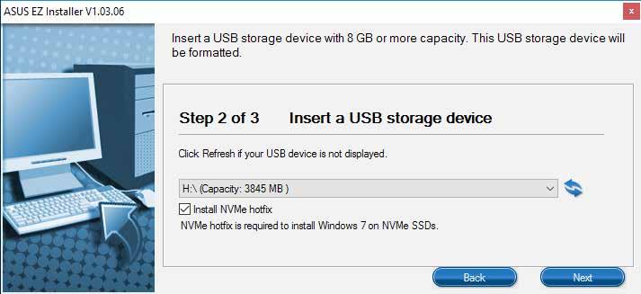- Windows 7 설치디스크의소스를선택한후 Next( 다음 ) 를클릭합니다. - USB 저장장치를선택하고 Next( 다음 ) 를클릭합니다. USB 저장장치가표시되지않으면, 새로고침아이콘을클릭하십시오. 필요할경우 Install NVMe hotfix(nvme hotfix 설치 ) 를선택하십시오.
