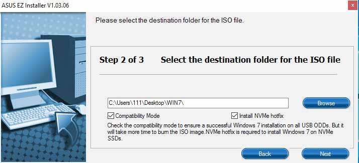 - 수정된 Windows 7 설치 ISO 파일을저장할폴더를선택하고 Next( 다음 ) 를클릭합니다. 필요할경우 Install NVMe hotfix(nvme hotfix 설치 ) 를선택하십시오. - 작업이완료되면 OK( 확인 ) 를클릭해서마칩니다. - 이 ISO 파일을빈 DVD 에구워서수정된 Windows 7 설치 DVD 를만듭니다. 4.