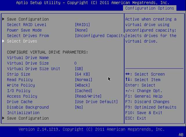 그림 3.4. Create Configuration 메뉴 옵션 선택 3. 표시된 페이지에서 Select RAID Level 필드로 이동하고 RAID1을 선택한 후 Select Drives 필 드로 이동하여 Enter 키를 누릅니다. 다음 예에서는 RAID 1 레벨이 선택되어 있습니다. 요구 사항에 따라 다른 레벨의 RAID 볼륨을 만들 수도 있습니다.