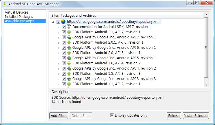 안드로이드 SDK 추가설치 SDK 의위치를지정했다면다음은추가로더필요한 SDK 요소들을다운받는다. 이클립스의메뉴에서 [Window-Android SDK and AVD Manager] 명령을선택하면다음대화상자가열린다.
