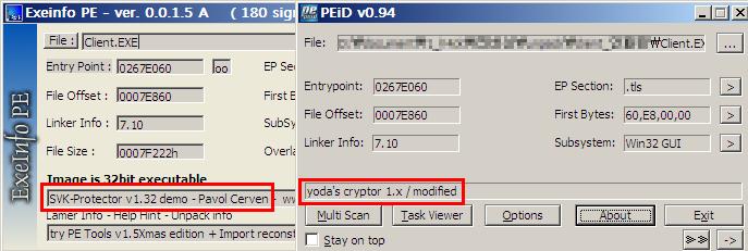 위에서보는것과같이같은파일임에도불구하고 EXEInfo 는 SVK-Protector v1.32 demo 라고이야기하 고있고 PEiD 는 yoda s cryptor 1.