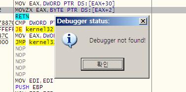call IsDebuggerPresent test eax, eax jne @DebuggerDetected CALL 문을 F7 로따라서들어가보면다음과같은코드를볼수있다. 이것은 TEB(Thread Environment Block) 에접근하여 PEB 의주소를얻은다음 PEB 를검사하고 PEB + 2 위치에서 BeingDebugged 플래그를확인하는것이다.