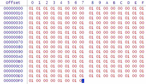 얼핏보기에는 2 진데이터처럼보이지만리소스해커에서확인했을때 Picture.Data 의처음부분에알파 벳이있었으므로 16 진수데이터라는것을알수있다. 이내용을 Winhex 를통해서저장을해보겠다. 두개의이미지파일은좋 0xF7(247) 바이트만큼차이가있었다. 01 로되어있는바이트는 1 로, 00 으로 되어있는바이트는 0 으로고쳐서다시확인해보면다음과같다.