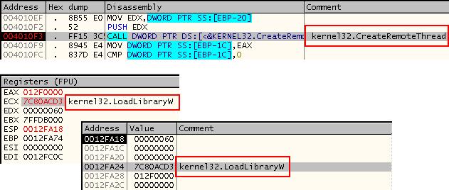 F9 를눌러계속진행하면 CreateRemoteThread 를통해서 DLL Injection 공격이이루어지는것을볼수있 다. 이함수가호출이된후에 rdshost.dll 파일이 explorer.exe 에인젝션이된다.