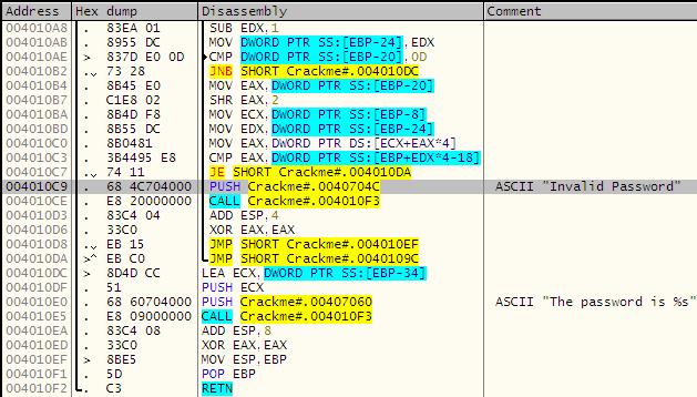 Invalid Password 라는메시지바로위라인에비교하는부분이있고같을경우 004010DA 로분기하는것을볼수있다.