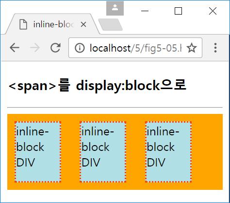 display : inline-block 8 예 : <div> 를인라인블록박스로수정 CSS 스타일 div div { display : inline-block; border : 2px dotted orangered ; background : powderblue; margin : 10px; width : 60px; height : 80px; HTML 코드