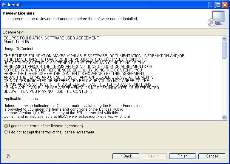 라이선스에동의하고 Finish 를클릭하면설치가마무리됩니다. 이제이클립스를다시 시작하면됩니다. Cygwin 설치 Cygwin 은아래주소에서인스톨러를다운로드받을수있습니다.