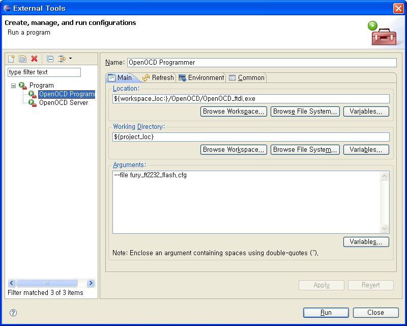 그림 45 External Tools Dialog mycortex-lmnnnn 시리즈예제들은모두 eclipse 를위한프로젝트설정과디버깅설정이완료된상태로배포됩니다. 그림 45 에서보시는것처럼 OpenOCD Programmer 와 OpenOCD Server 두가지항목이있습니다.