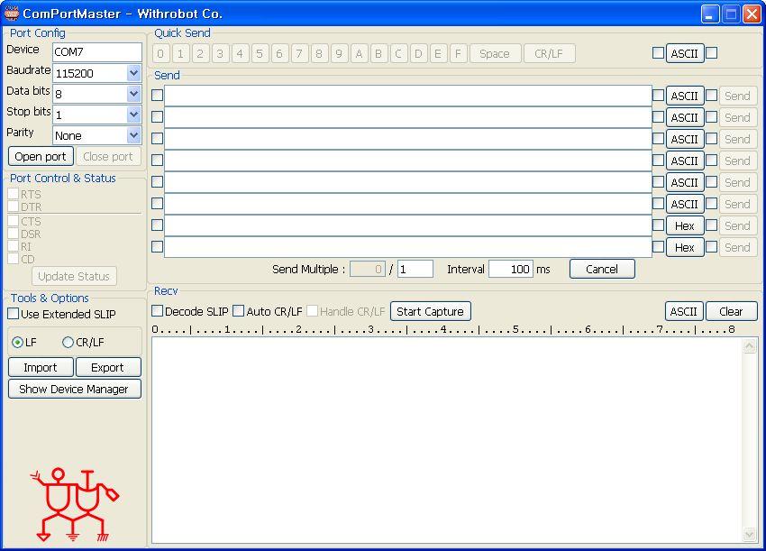 부록 시리얼통신프로그램 COMPORTMASTER 기능상특징 PC 의 COM 포트를이용한통신프로그램 ASCII/HEX 선택적으로데이터송수신가능 SLIP 및위드로봇에서제안하는확장 SLIP 인코딩, 디코딩기능선택적사용가능 명령어 2 바이트데이터길이 1 바이트로구성된 WRPu 패킷자동생성기능지원 수신데이터에 CR/LF 자동추가기능