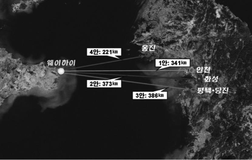 5km) 11조 2,000억원 착공일로부터 20년 ( 경기도평택 ~ 웨이하이노선 ) 한국서해안 ( 인천, 평택, 태안및황해도 ) 과중국웨이하이를연결하는고속철도 교량 2개소 16km, 인공섬 2개소 8km, 해저터널 1개소 362km 총사업비 80조원총연장 221~386km( 대안노선검토중 ) 총연장 148.