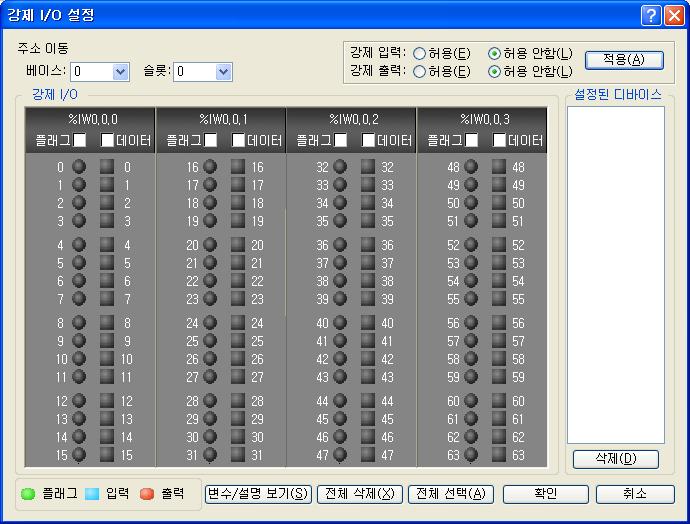 제 6 장 CPU 모듈의기능 6.4 입출력강제 On/Off 기능 강제입출력 I/O 기능은프로그램실행결과와는관계없이입출력영역을강제로 On/Off 할경우사용하는기능입니다. 6.4.1 강제 I/O 설정방법 온라인모드에서 강제 I/O 설정 을클릭합니다. 강제 I/O 를설정하기위해서는설정하고자하는해당접점의플래그, 데이터체크박스를선택합니다.