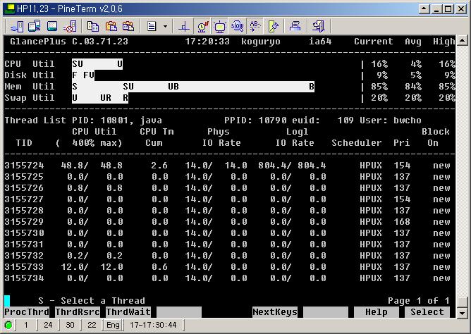 2. glance 를실행해서 G 를누르고 WAS 의 PID 를입력한다. 각 Thread 의 CPU 사용률이실시간으로모니터링이되는데. 여기서 CPU 사용률이높은 Thread 의 TID 를구한다. 3. kill 3 을이용해서 Thread dump 를추출해서. 2 에서구한 TID 와 Thread Dump 상의 lwp_id 가일치하는 Thread 를찾으면된다.